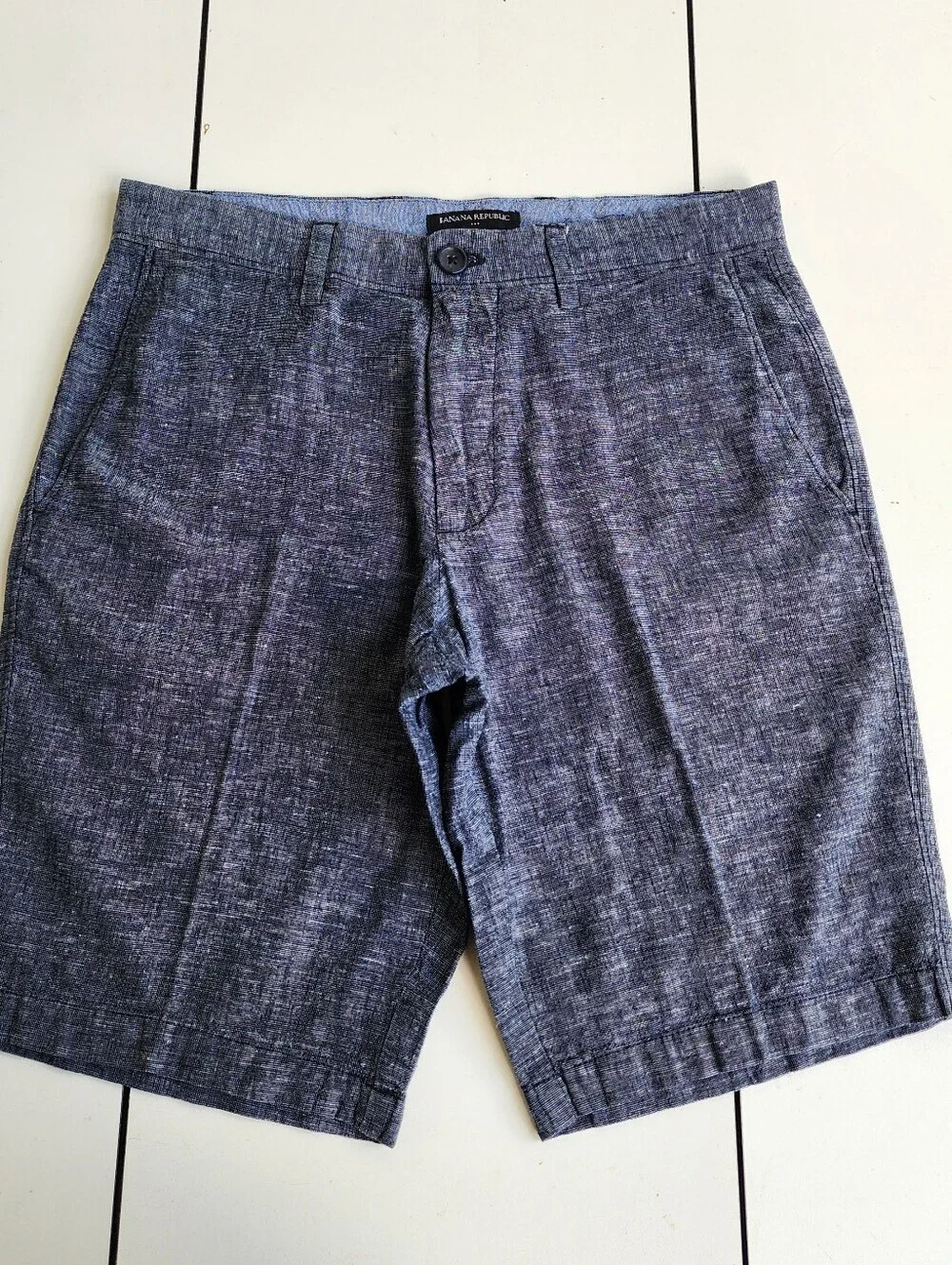 Banana Republic Men Solid Blue Linen Cotton Flat Front Chino Cambridge Shorts 30